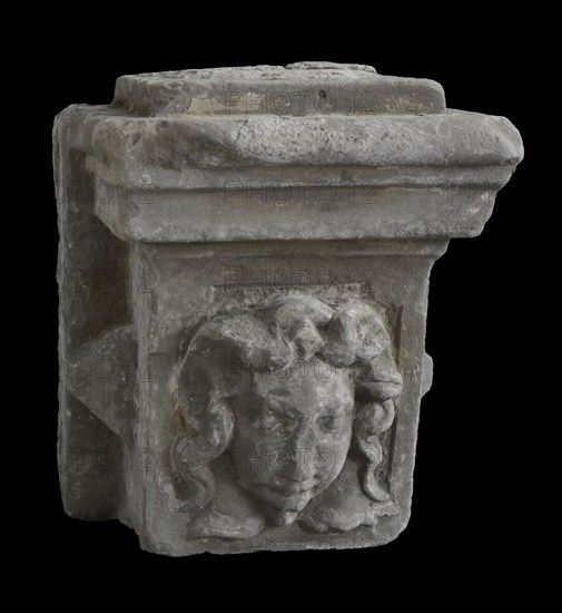 Fragment basement with female head, basement ornament building component sandstone stone, sculpted Rectangular basement