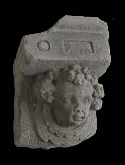 Console, boy head with curls and lobed collar, console building element sandstone stone, sculpted Console boy head with curls