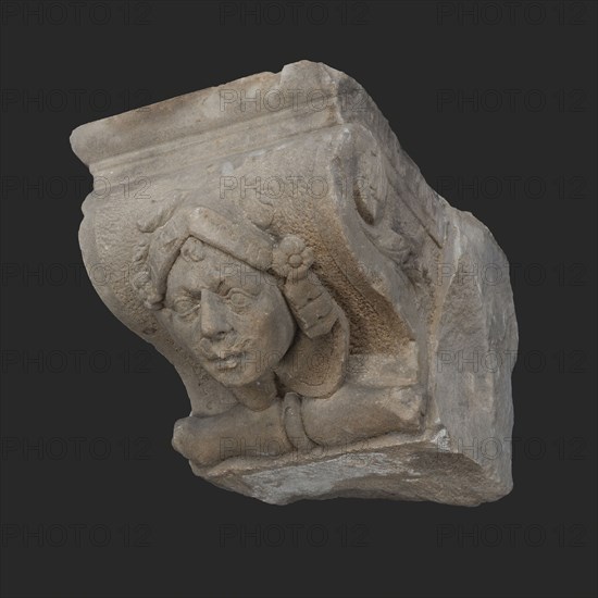 Console with man's head, helmet and plumes, console building element sandstone stone, Console with male head helmet and mustache