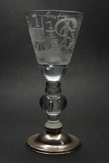 Goblet engraved with three-master, Fortuna, Prosperitij to the East India Companij and Duke of Cumberland, wine glass drinking