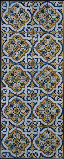 Ornament tile, tile field of forty pieces, ten high, four wide; multicolored, diagonal decor with wickerwork, tile field wall