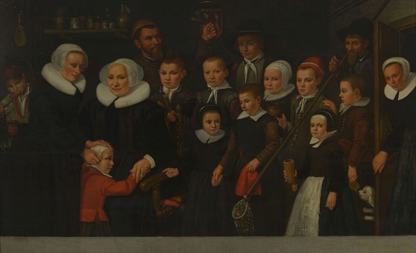 Pieter Hoeveafter:, Portrait of mothers, servants and children of the Leprooshuis in Rotterdam, group portrait portrait painting