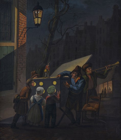 C. van Dokkum, Children around an illuminated viewing box on the corner of street in the night, entitled The Peepbox, cityscape