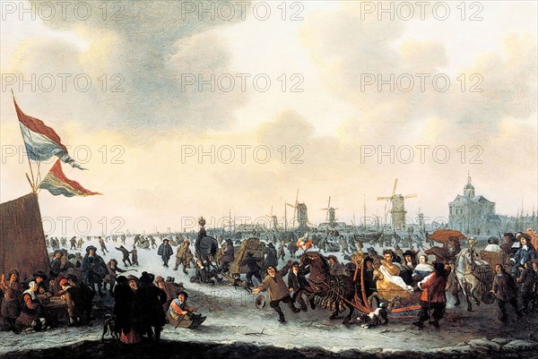 Hendrik de Meijer, Ice skating on the Meuse at the Witte or Wester Nieuwehoofdpoort, Rotterdam, cityscape painting footage paint