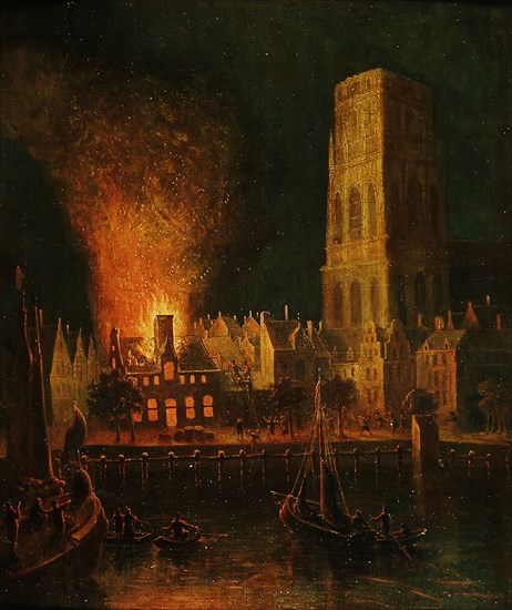 Fire in house on the Boerenvismarkt in Rotterdam, on the right the Laurenskerk, cityscape painting visual material oil painting