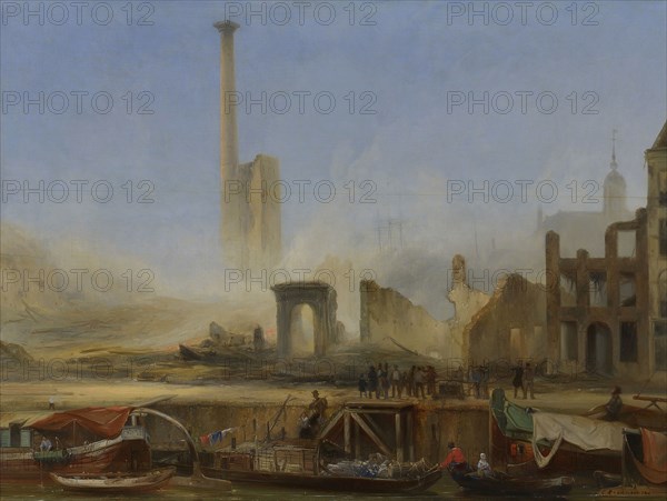 Charles Rochussen, View of the Leuvehaven Wz after the fire at the steam sugar refinery of P.H. Tromp, Rotterdam, cityscape
