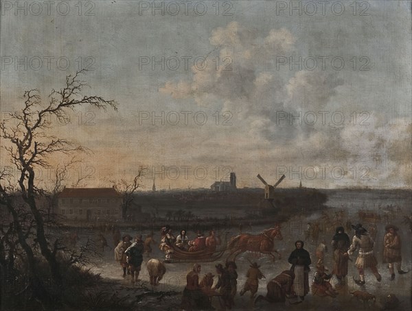 Dionys Verburg, IJsvermaak on the Rotte, Rotterdam with the Laurenskerk in the background, painting visual material paint oil