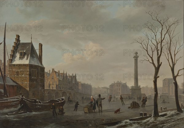 Bartholomeus J. van Hove, Pompenburg with Hofpoort in winter, cityscape painting painting material wood oil, Painting landscape