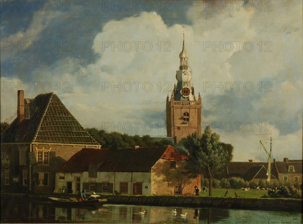 Cornelis Ouboter van der Grient, Church and ferry house Overschie, Rotterdam, village view painting footage linen paint wood