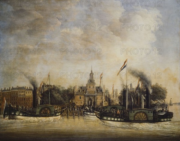 View of the Ooster Oudehoofdpoort with paddle boats on the Meuse, Rotterdam, cityscape painting artwork linen oil paint, paint