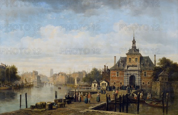Pierre Justin Ouvrié, View of the Ooster Oudepoort gate, Rotterdam, cityscape painting visual material oil paint linen, Oil