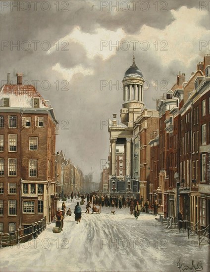 Franciscus Lodewijk van Gulik (Maastricht 1841 - Rotterdam 1899), View of the Kipstraat with the facade of the old town hall