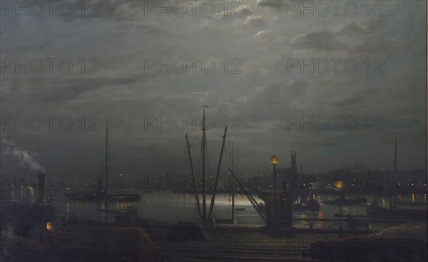 Rein Miedema, View of the Maas and the Noordereiland from the Oosterkade by night, Rotterdam, cityscape painting visual material