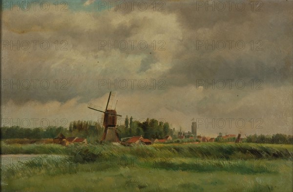 Jan Bikkers, Rotte or Schie with mill and the Laurenskerk in the distance, Rotterdam, village view painting material oil
