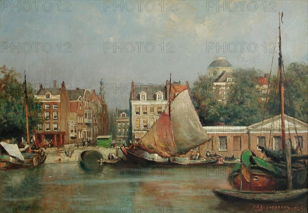 Pieter Schipperus, The old fish market at the Leuvehaven, Rotterdam, cityscape painting painting materials oil paint linen, Aged