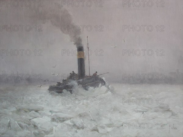 Willem Adrianus Fabri, Icebreaker on the Maas near Rotterdam, painting visual material oil paint wood, on back: Rotterdam Maas