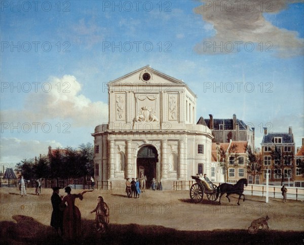 Nicolaes Muys, View of the Delft Gate, Rotterdam, cityscape painting footage wood oil gold gypsum, Painting landscape format