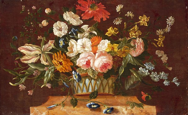 Willem van Leen, Upper door with flower still life, still life painting wallpapering imagery oil paint linen wood, Room