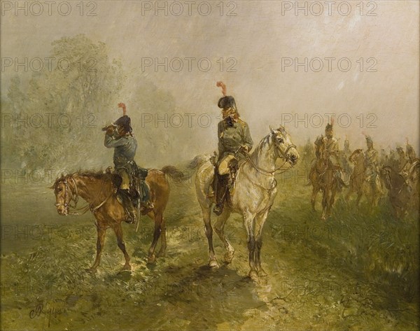 Charles Rochussen, Riders on reconnaissance, painting visual material wood oil, Landscape rectangular painting of some men