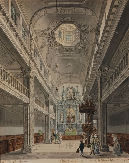 Christoffel Meijer, Interior Paradijskerk seen from the nave to the choir, in gilded frame with ornament edge, Rotterdam, print