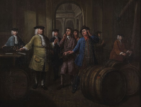 Interior of Stock Exchange during trade in madder, Rotterdam, painting visual material linen oil paint, Oil on canvas