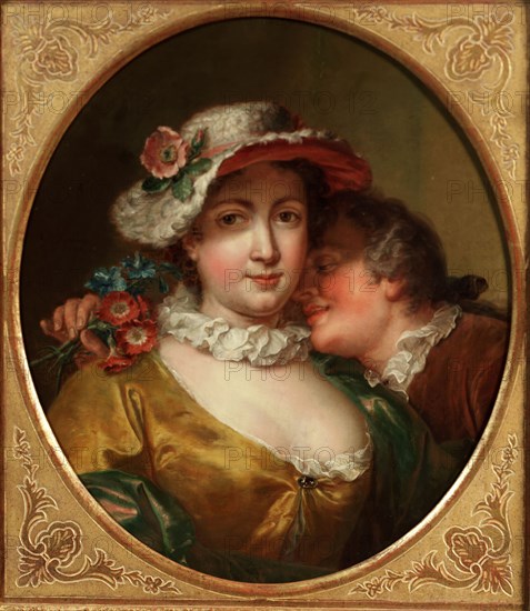 Gerard Sanders, Portrait of an amorous couple, portrait painting visual material wood oil, Oval portrait of man