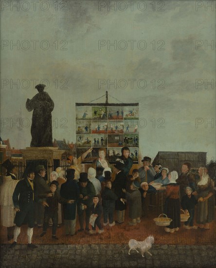 I.T. van der Vooren, Roll singer Lange Jan at the statue of Erasmus on the Grotemarkt, Rotterdam, cityscape painting visual