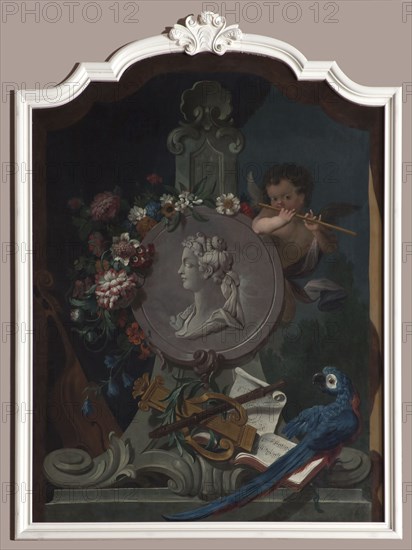 Elias van Nijmegen (Nijmegen 1667 - Rotterdam 1755), Portrait of woman in setting with musical instruments, bedroom wallpaper
