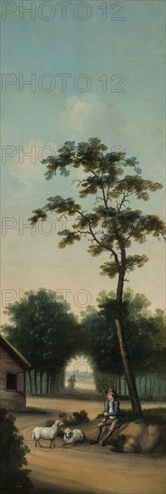 Arcadian local landscape with foreground sheep shepherd with two sheep and on background pair under treeslaan, landscape room