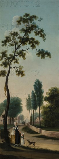 Arcadian local landscape with on the foreground mother with child and dog on lane with wall with boy and in the background