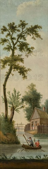 Arcadian local landscape with net fishermen in the boat and in background at home mother with child and bridge with two people
