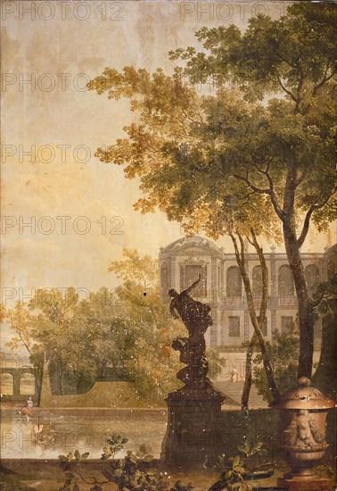 Jan Stolker, Wallpaper with representation park landscape with sculpture, garden vase and building in background, landscape
