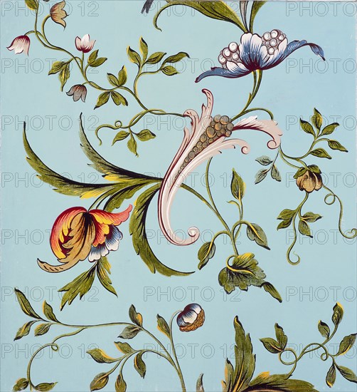 Wallpaper with floral motifs, painting wallpaper canvas linen oil paint wood, Rotterdam Turtle Garden Probably Turtle Garden 6