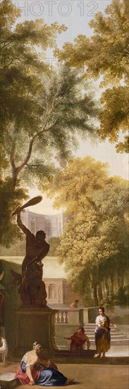 Jan Stolker, Wallpaper depicting park-like landscape with female figures and garden sculpture Hercules, landscape wallpaper