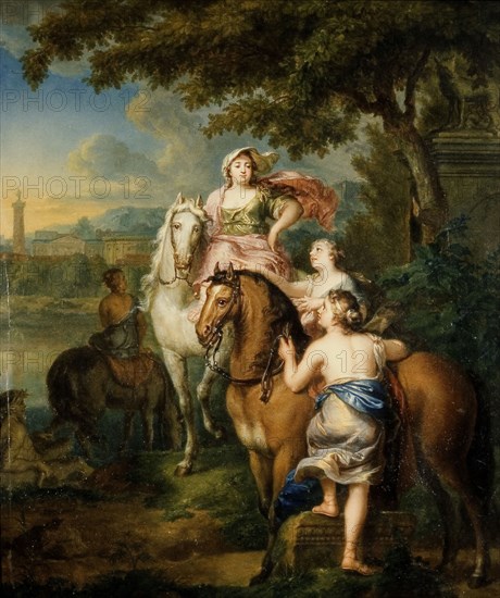 Gerard Sanders, The flight of Cloelia over the Tiber, painting footage wood oil, Cloelia on horseback plus two other hostages