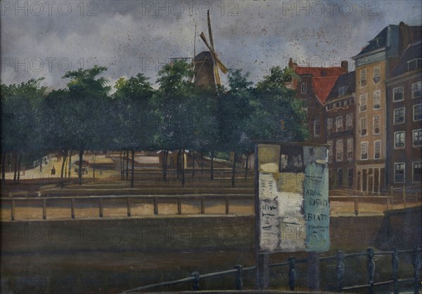 Jan Bikkers, Blue windmill and Veemarkt with an advertisement plate on the quay, Rotterdam, cityscape painting visual material