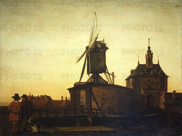 View of the Oude Oostpoort with windmill on stronghold, Rotterdam, cityscape painting material paint oil paint wood, Painting