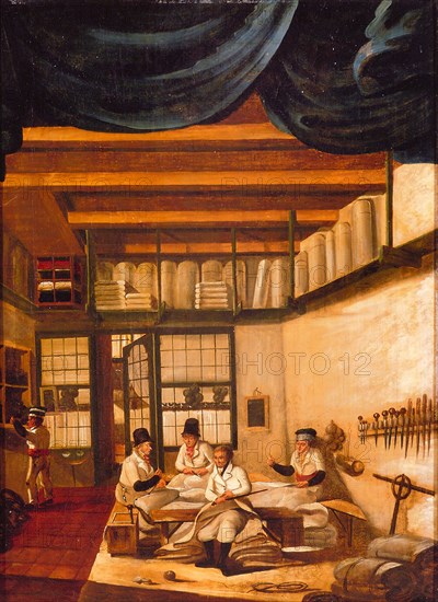 Chimney piece with interior of Joris Willeken's sailmaker in Rotterdam, chimney painting painting material paint oil wood