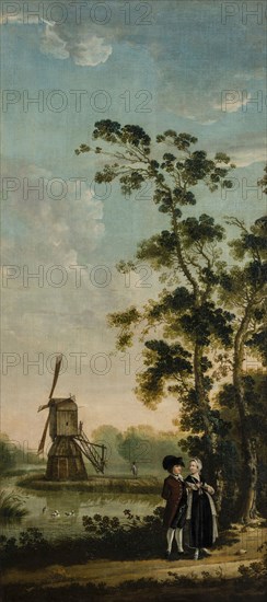 Arcadian local landscape with foreground rich couple in trees and in background old mill with two people at water, landscape