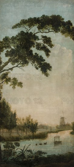Arcadian local landscape with water in the foreground with waterfowl and shadowy windmill in the background, landscape room