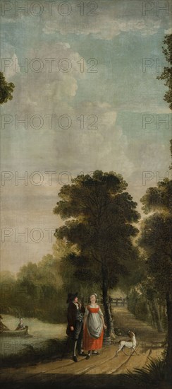 Arcadian local landscape with couple working in the foreground with dog on the road and in the background man and woman