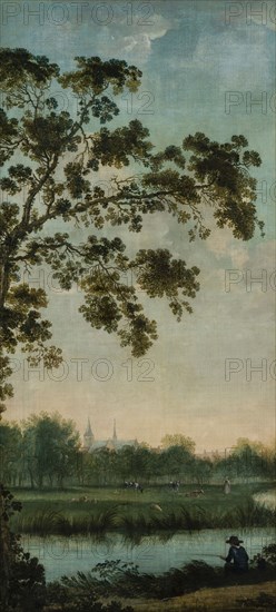 Arcadian local landscape with fisherman on the forehead and in the middle of the peasant woman with cows and sheep