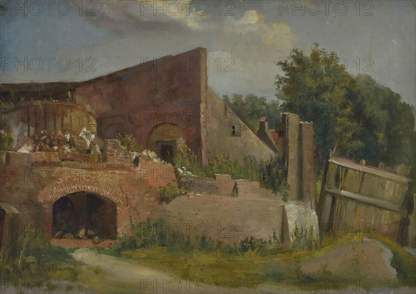 Jan Bikkers, Ruins of burnt-glass factory, possibly Hoffmann in Kralingen, Rotterdam, village view painting material paper oil