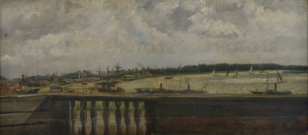 Jan Bikkers, View from the roof of the Stadstimmerhuis over the Haringvliet south side and Maas with in the foreground roof