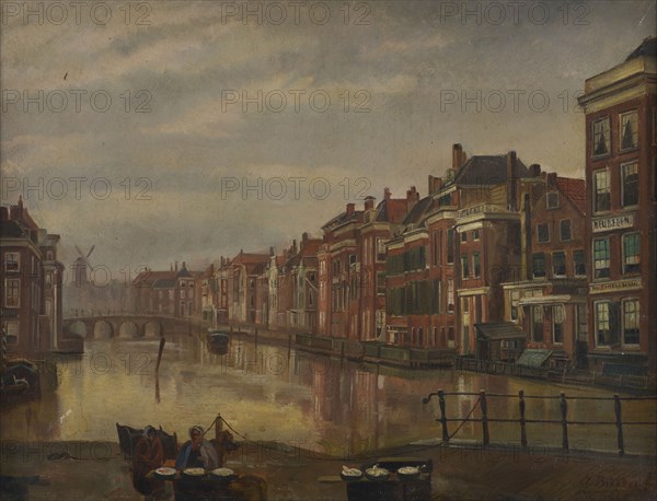 Jan Bikkers, Binnenrotte in the direction of the Lombard bridge with two salesmen in the foreground, Rotterdam, cityscape