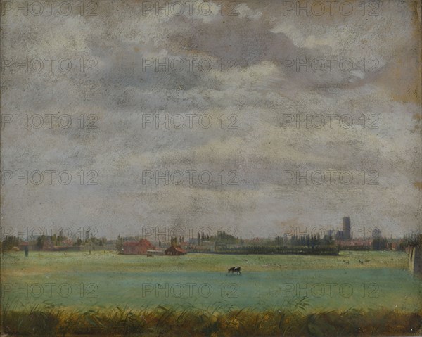 Jan Bikkers, Rotterdam seen from Crooswijk, cityscape painting footage paper oil, Crooswijk was originally rural neighborhood