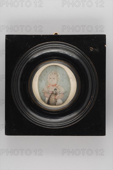 Portrait miniature of little girl, portrait miniature painting footage wood ivory paint watercolor ivory backing, Black wooden