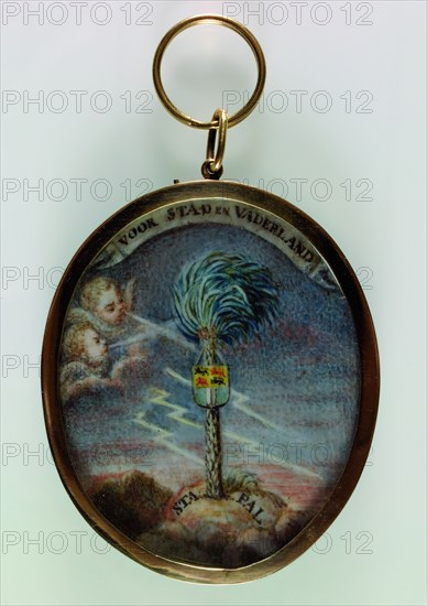 Oval gold medallion with palm tree with shield with coat of arms of Rotterdam, medallion miniature painting footage watercolor