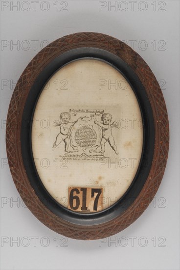 Oval wooden frame with square picture of angels and the Lord's Prayer, etching print thumbnail miniature model wood paper frame