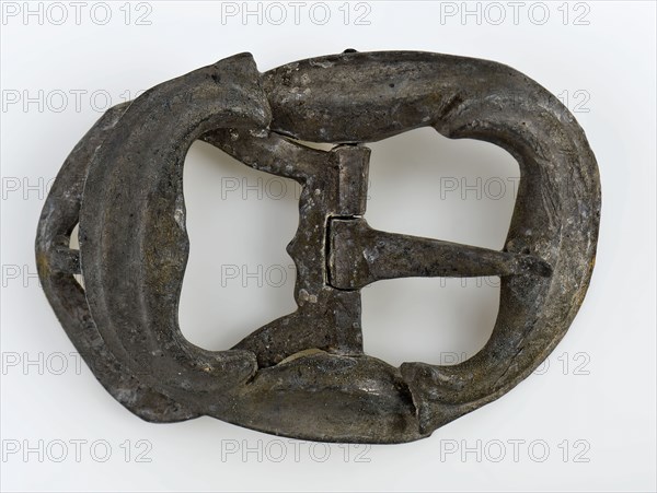 Pewter shoe buckle, oval with profiled perimeter, marked, buckle fastener component soil find tin metal, Rectangular oval